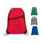 A multi-colored set of drawstring backpacks displayed against a white background. The largest backpack is red with black trim and a side zipper pocket. The smaller ones are in green, gray, and blue, each with similar designs.