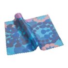 A colorful microfiber cloth with a vibrant abstract pattern featuring blue, purple, and pink hues. It is folded in a way that shows both sides of the fabric, and the edges are scalloped.