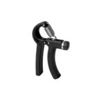 Black adjustable hand gripper with a coiled spring, designed for strength training. The grip features a rotatable knob for tension adjustment, set against a plain white background.