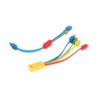 Two sets of colorful electrical connectors and cables, each with blue, red, yellow, and green wires. The connectors vary in shape and size, featuring rectangular and square designs. The background is plain white.
