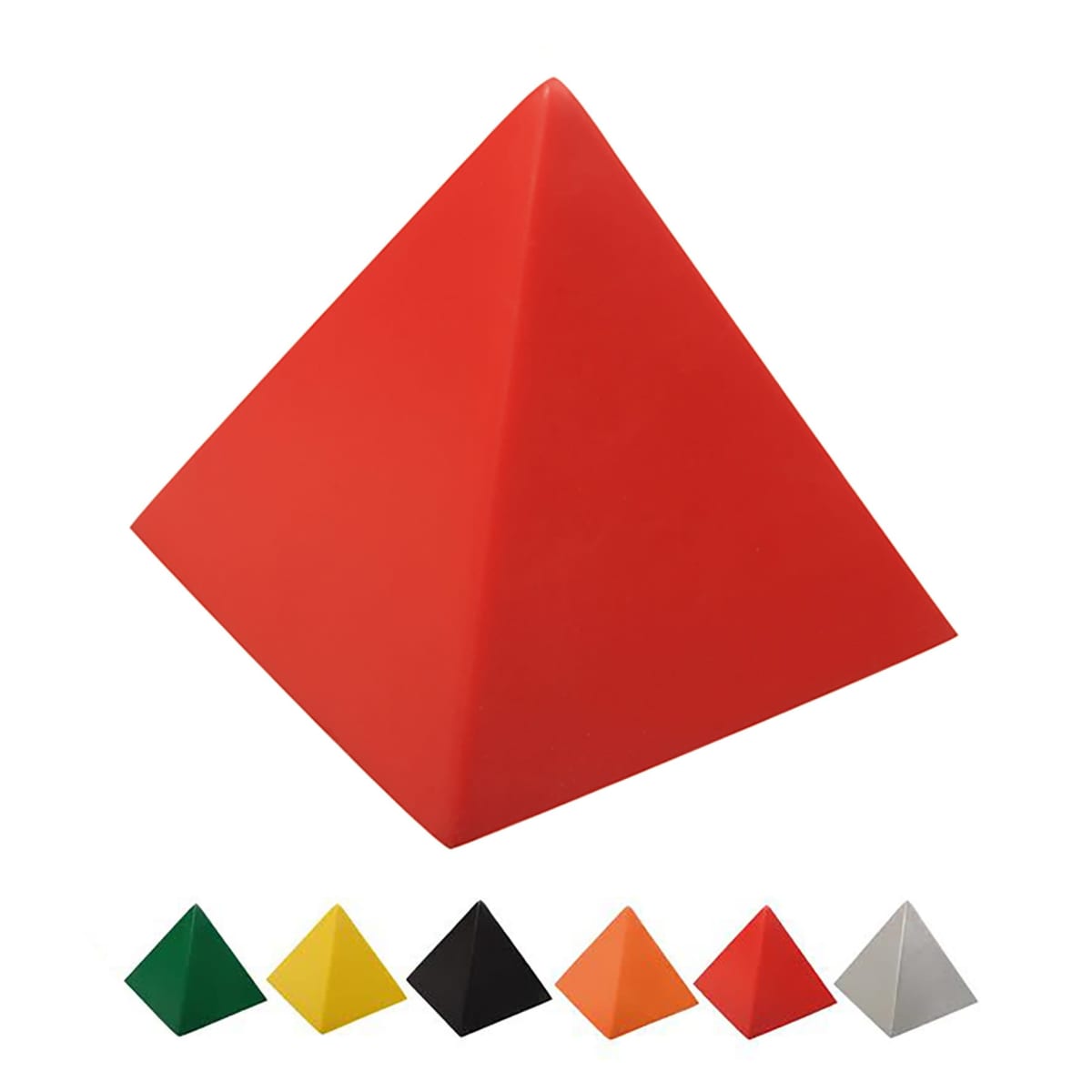 A set of colorful pyramid-shaped objects in various colors: red, green, yellow, black, orange, and gray. The red pyramid is prominently featured above the rest.
