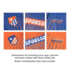 Six images illustrating sublimation designs on fabric. Top row shows shield logo, SPONSOR text, and SOCCER text on a blue and orange background. Bottom row shows close-ups of the same. Text below highlights sublimations durability and breathability.
