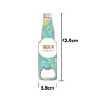 Illustration of a bottle-shaped beer opener, measuring 12.4 cm by 3.5 cm. It has a teal background with patterns of kitchenware. The words BEER background are displayed in the center.