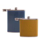 Two stainless steel hip flasks with screw-on caps are shown. The front flask is covered in yellow leather with MS Company embossed. The back flask is slightly taller and wrapped in blue leather. Both have shiny metallic tops.