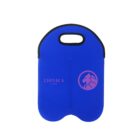 A blue neoprene bag with a cutout handle. It features a pink lion emblem and the text Lionica Studios on the front.
