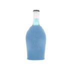 A glass bottle covered with a light blue neoprene sleeve. The bottles neck and cap are visible, showing a light blue liquid inside. The background is plain white.
