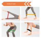 Four images show a person using resistance bands in different exercises: lying side leg raise with red band, standing side leg lift with yellow band, squatting with green band, and plank position with black band. Variety of uses text at the top.