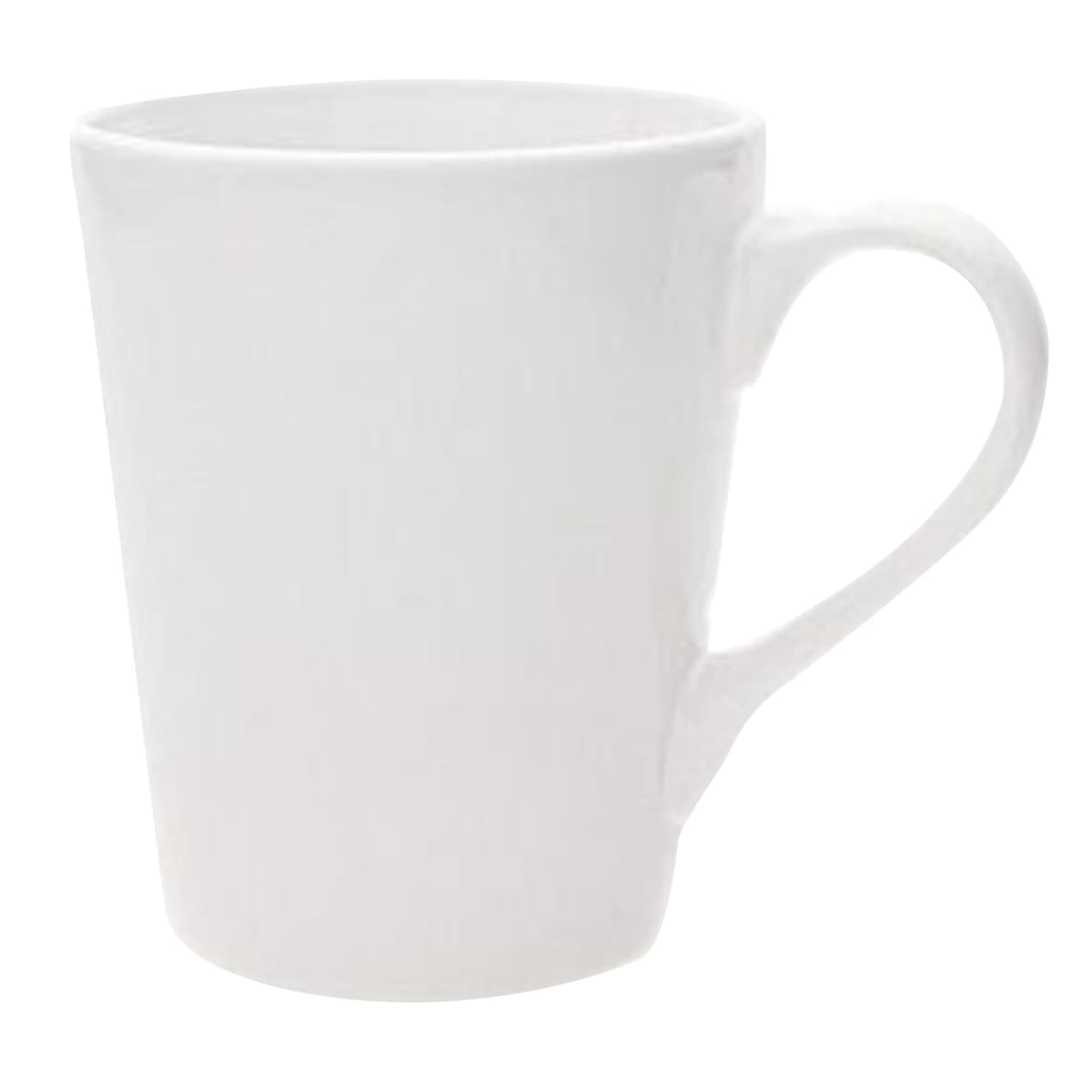 A plain white ceramic mug with a smooth finish and a curved handle, set against a plain white background.