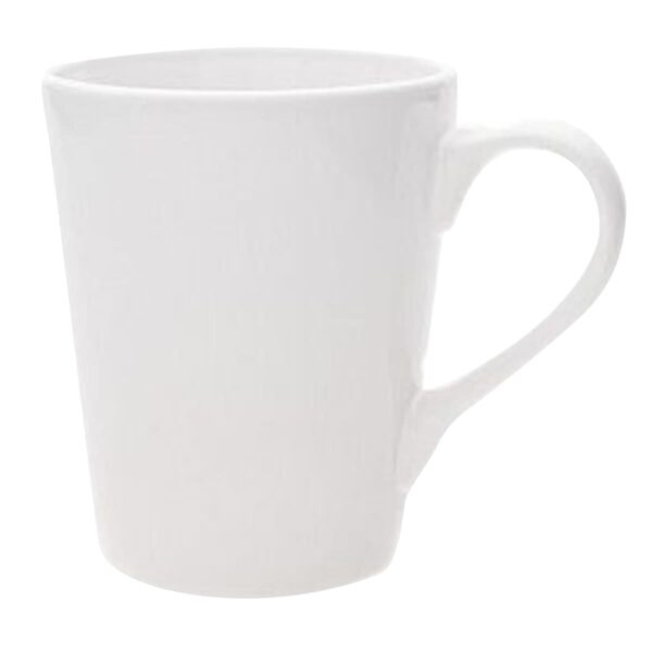 A plain white ceramic mug with a smooth surface and a small handle, shown against a white background.