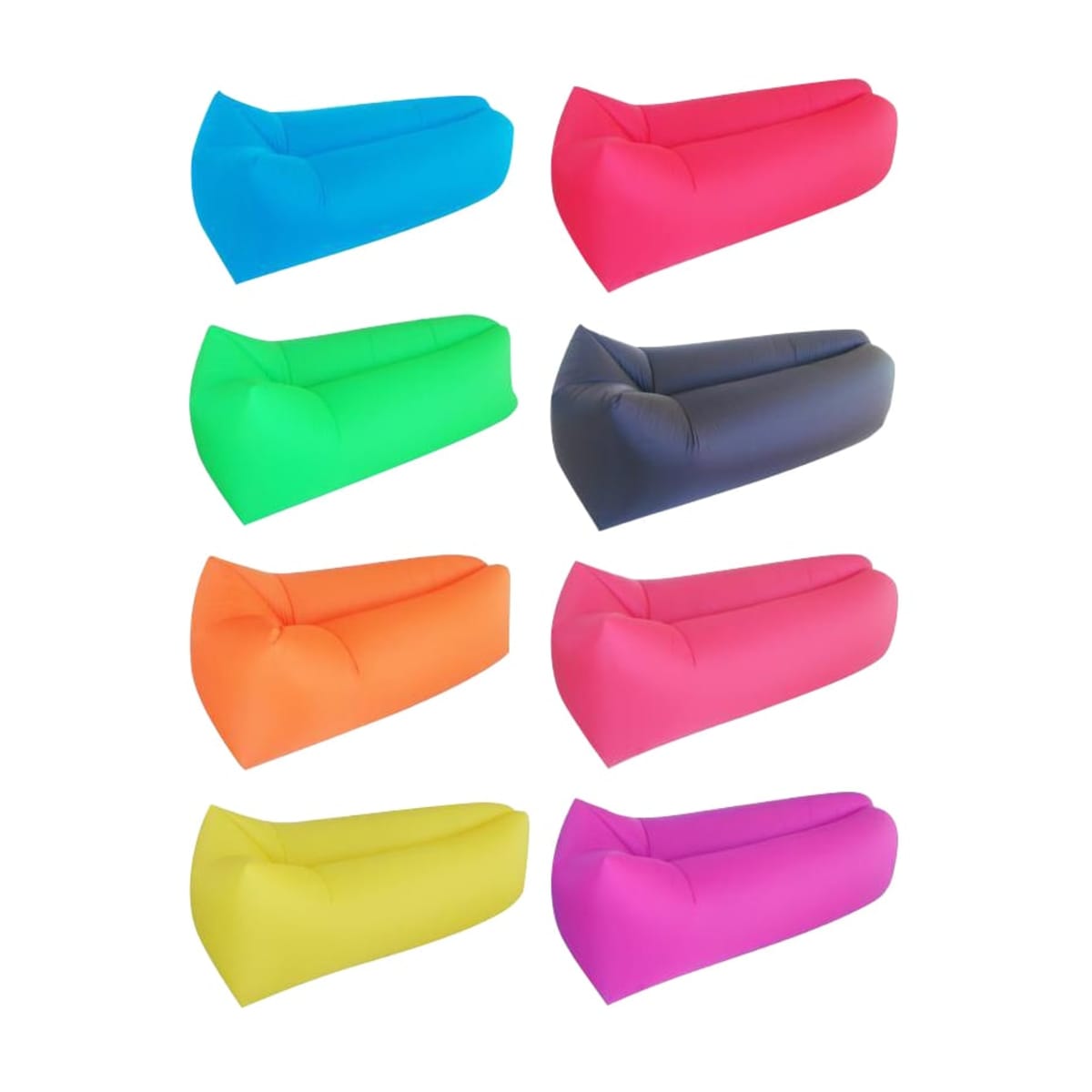 Eight inflatable lounge chairs are arranged in two columns. The colors from top to bottom, left to right, are blue, red, green, black, orange, pink, yellow, and magenta. The loungers have a tubular shape and smooth texture.