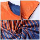 Close-up collage of an orange and blue striped sports jersey. Includes views of the neckline, sleeve, and fabric texture. The stripes create a dynamic spiral in the center image, showcasing the vibrant color contrast and material detail.