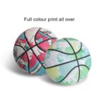 Two colorful basketballs with abstract designs. One has a red, blue, and white pattern, while the other features blue and green tones. The text above reads, Full colour print all over. The background is plain white.