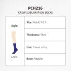 Diagram showing details of PCH216 crew sublimation socks. Style: crew. Size: adult 7-12. Thickness: thin. Use: casual socks. Base: regular. Illustration of a sock with blue foot and ankle, and cream leg portion.