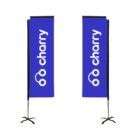 Two vertical blue banners with white text that reads cherry alongside a stylized logo resembling eyeglasses. Each banner is mounted on a cross-shaped base.