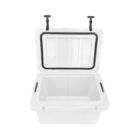 Open white cooler with lid raised, revealing a spacious compartment. Two black handles are on top of the lid, with rubber seals around the edges. The cooler appears clean and empty, suitable for storing food and drinks.