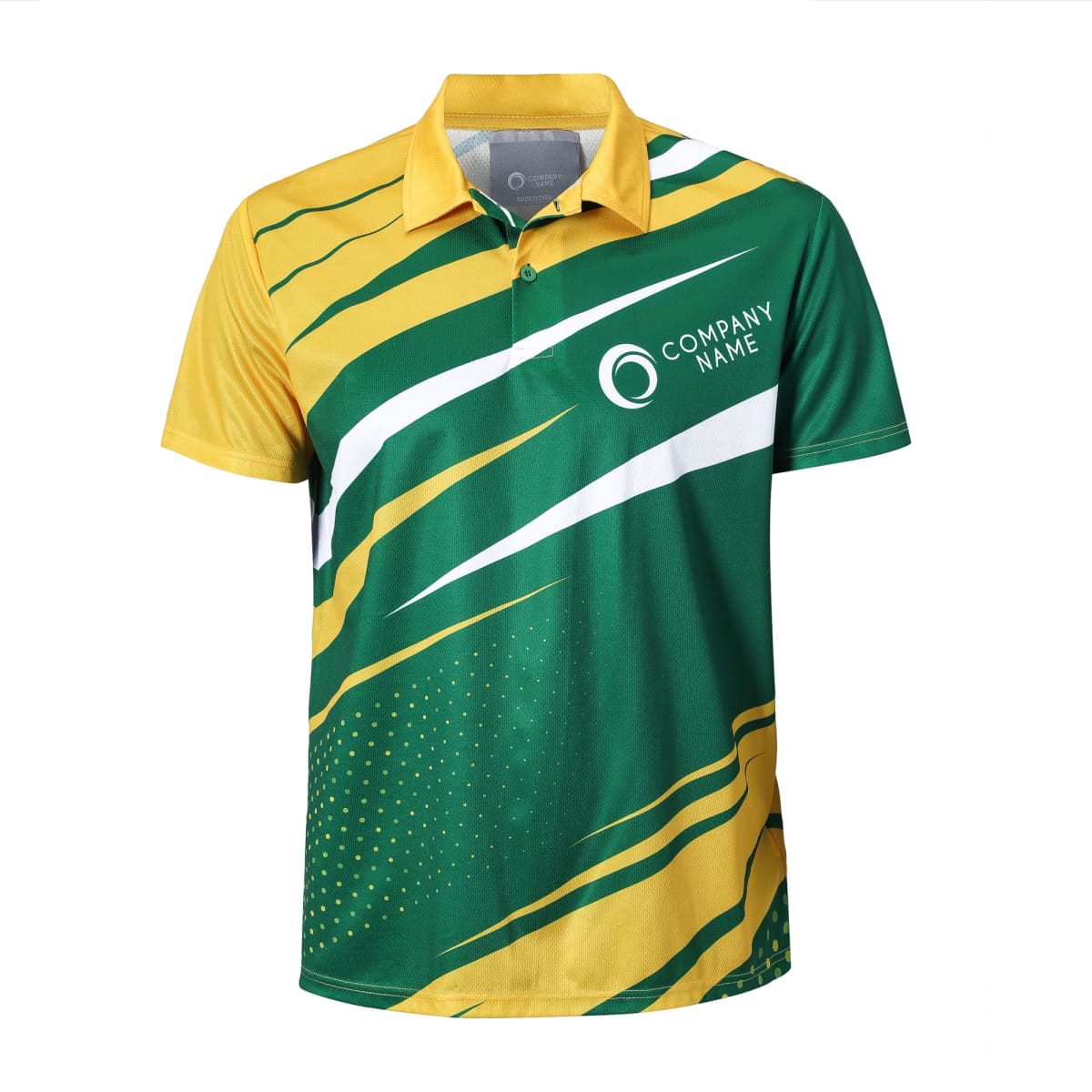 A brightly colored polo shirt with yellow sleeves and a dynamic green and yellow pattern. The design features bold white stripes and small white dots. A logo and text that reads Company Name are displayed on the right chest area.