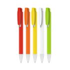 Five ballpoint pens in red, orange, yellow, white, and green are aligned vertically. Each pen has a matching clip and a silver tip.