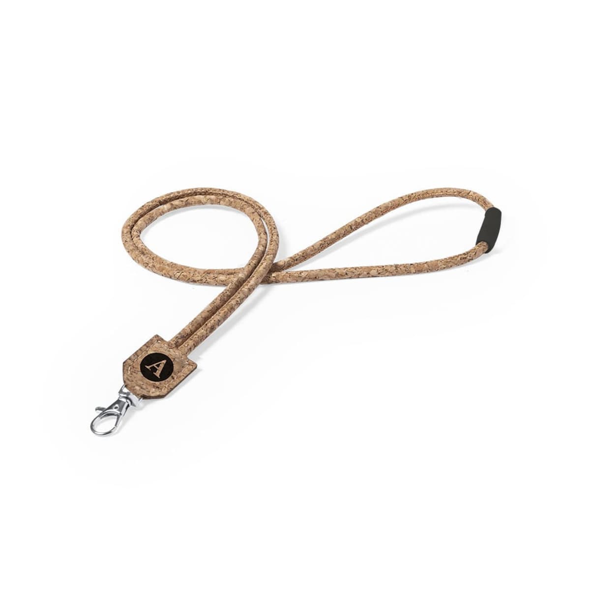 Coiled brown cork lanyard with a metal clip on a plain white background.