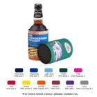 Bottle and can cooler with a branded design. The bottle cooler is navy blue, and the can cooler is green. Below are color options in swatches: navy blue, royal blue, light blue, green, pink, red, yellow, orange, maroon, purple, and grey.