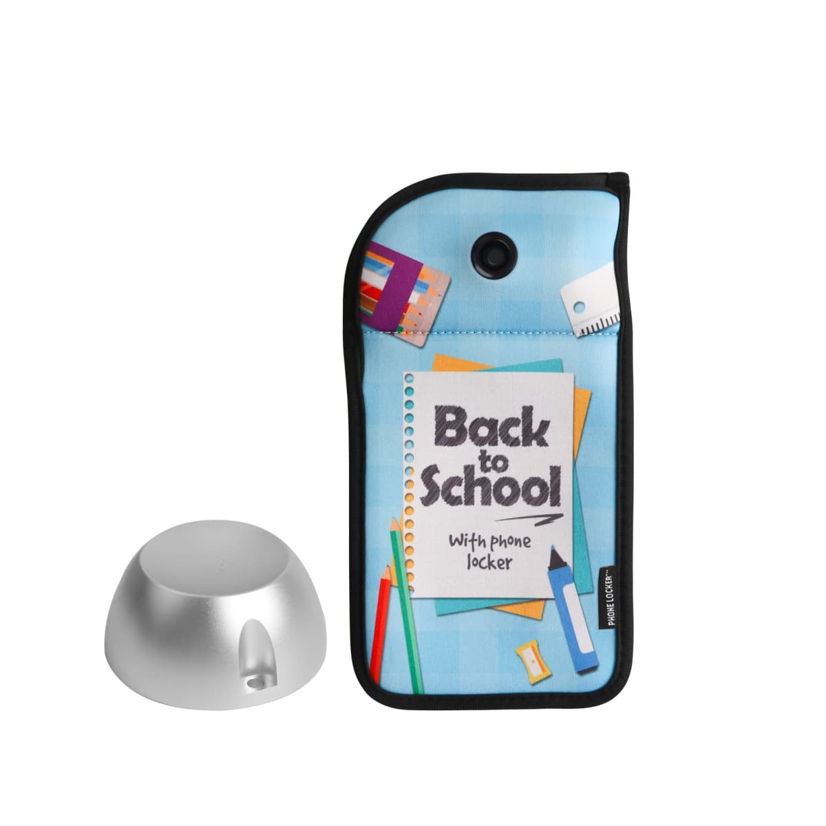 A school-themed pouch with the text Back to School is displayed. It features colorful stationery illustrations and comes with a separate metallic dome-shaped phone locker.
