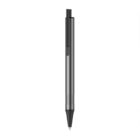 A sleek, metallic gray retractable pen with a black tip and clip, placed vertically against a white background.