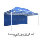 Blue marquee tent with branding, featuring a 6-meter full wall on one side. The structure is supported by metal poles. Text on the wall reads OSSTF/FEESO District 28.