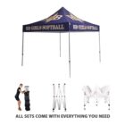 A blue canopy tent with HB Girls Softball printed on it. Below are images: a person carrying a folded tent in a bag, a partially expanded tent frame, and a fully folded tent. Text reads, All sets come with everything you need.