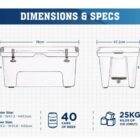 Diagram of a cooler with dimensions and specs. Outer size: L78 x W47.2 x H41.5 cm. Inner size: L64.2 x W35.8 x H32 cm. Capacity: 40 cans of beer, 25 kg of ice. Front and side views included, with a focus on dimensions.