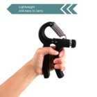 A hand holds a black grip strengthener with a metal spring, positioned against a plain background. Text above reads Lightweight and easy to carry.