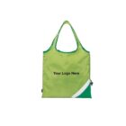 A green reusable shopping bag with a handle and the text Your Logo Here in black. The bag has a small white and green zippered pocket on the lower side. The background is white.