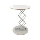A white round table with a wooden edge, featuring an adjustable height mechanism using a zigzag metal frame, stands on a circular base.