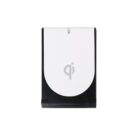 A black and white wireless charging pad with a folding stand. The front features the Qi logo, indicating its compatibility with Qi-enabled devices.