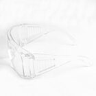 Clear plastic safety glasses on a white background.