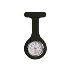 A round watch with a white face is enclosed in a black silicone casing with an attached T-shaped loop for fastening. The clock has silver and black hands with clearly marked hours on the dial. The background is plain white.