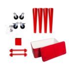 Disassembled red rolling cooler kit, including four wheels, four conical legs, a divided rectangular cooler bin, two angled brackets, and a red accessory box, with a set of instructions.