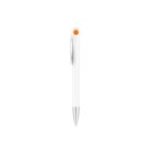 A sleek, modern white ballpoint pen with a silver tip and a clip on the cap. An orange circular detail is on top of the clip. The pen is set against a plain white background.