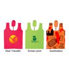 Three colorful tote bags with compact pouches: Left is pink with a phoenix design, center is green with a leaf logo, and right is orange with abstract shapes. Labels read Heat Transfer, Screen print, and Sublimation below each bag.