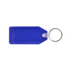 A blue rectangular key tag with a transparent window is attached to a silver metal keyring. The tag is positioned horizontally against a white background.