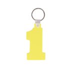A keychain featuring a bright yellow plastic charm shaped like the number one, attached to a metal ring with a small white connector. The background is plain white.
