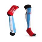Two athletic knee-high socks are shown. They have a color scheme of blue, white, red, and black, with the word FOOTBALL and the number 53 in red. Theres a logo featuring a football helmet and the word Youper on one sock.