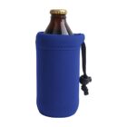 A brown bottle with a gold cap is snugly placed inside a blue neoprene bottle sleeve. The sleeve features a black drawstring with an adjustable toggle on the side.