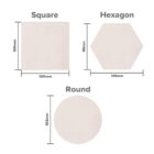 Image showing three tile shapes: a 100mm square, a hexagon measuring 95mm by 109mm, and a round tile with a diameter of 103mm. Each shape is displayed with its dimensions labeled.