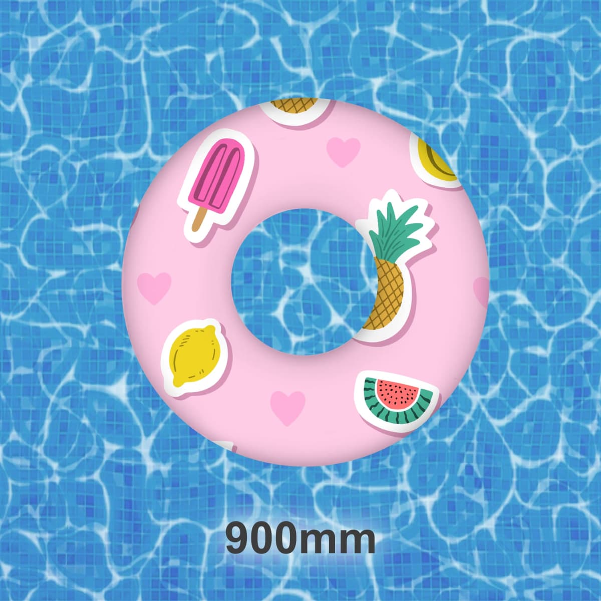 A pink inflatable pool tube floats on blue water. It features designs of a popsicle, pineapple, lemon, and watermelon. The diameter of the tube is noted as 900mm.