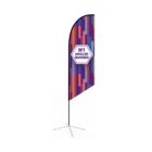 A colorful 8ft angled banner with vertical stripes in blue, purple, and orange. It stands on a metal tripod base. The text in the center reads 8FT ANGLED BANNER inside a hexagonal shape.