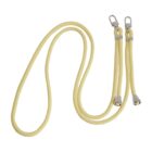 A coiled yellow strap with two shiny metal clips at each end, designed for attachment. The strap is laid out in a loose loop, showcasing its flexibility and length.