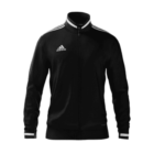 Black Adidas track jacket with white stripes on the shoulders and cuffs. Features a zip-up front and the Adidas logo on the left chest. Displayed on a plain, white background.