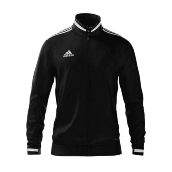 Black Adidas track jacket with white stripes on the shoulders and cuffs. Features a zip-up front and the Adidas logo on the left chest. Displayed on a plain, white background.
