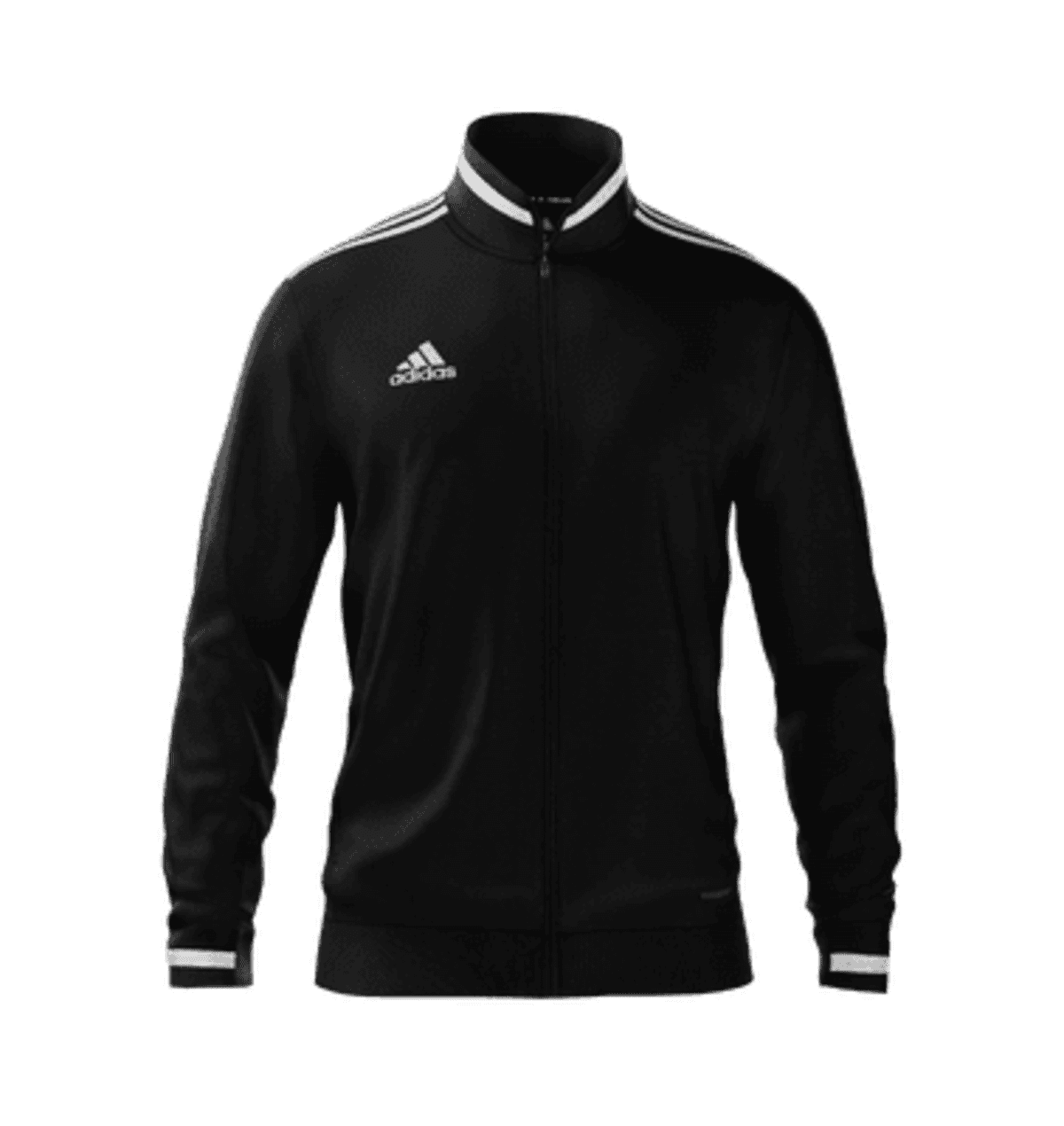 Black Adidas track jacket with white stripes on the shoulders and cuffs. Features a zip-up front and the Adidas logo on the left chest. Displayed on a plain, white background.