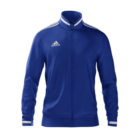 Blue Adidas track jacket with white stripes on the shoulders and cuffs. The Adidas logo is visible on the right side of the chest. The jacket has a full zipper and a ribbed collar.