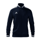 A navy blue Adidas track jacket with a front zipper, featuring white stripes on the shoulders and sleeves. The Adidas logo is displayed on the left chest.